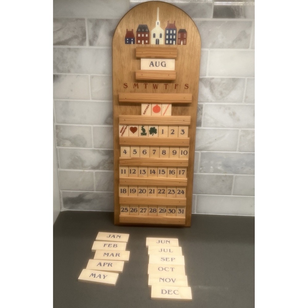 Vintage Wooden Perpetual Calendar with Interchangeable Month Date Tiles EUC